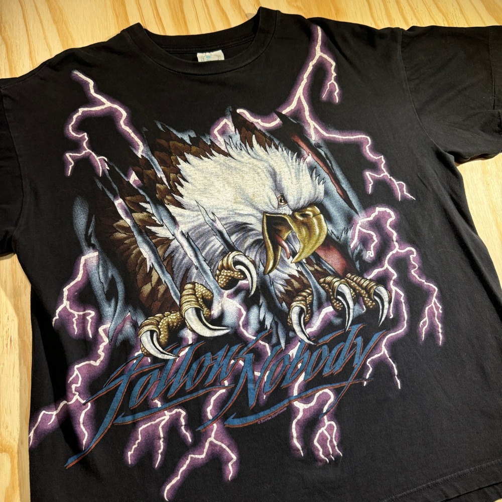 USA Thunder Follow Nobody Eagle Lightning Graphic T-Shirt Black XL Vintage Style